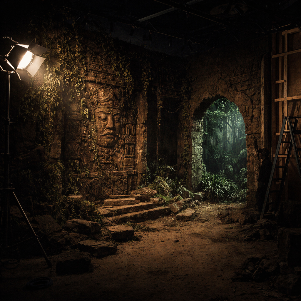 A film set resembling an ancient temple with a carved stone face on the wall, surrounded by plants and rocks, illuminated by professional lighting equipment.
