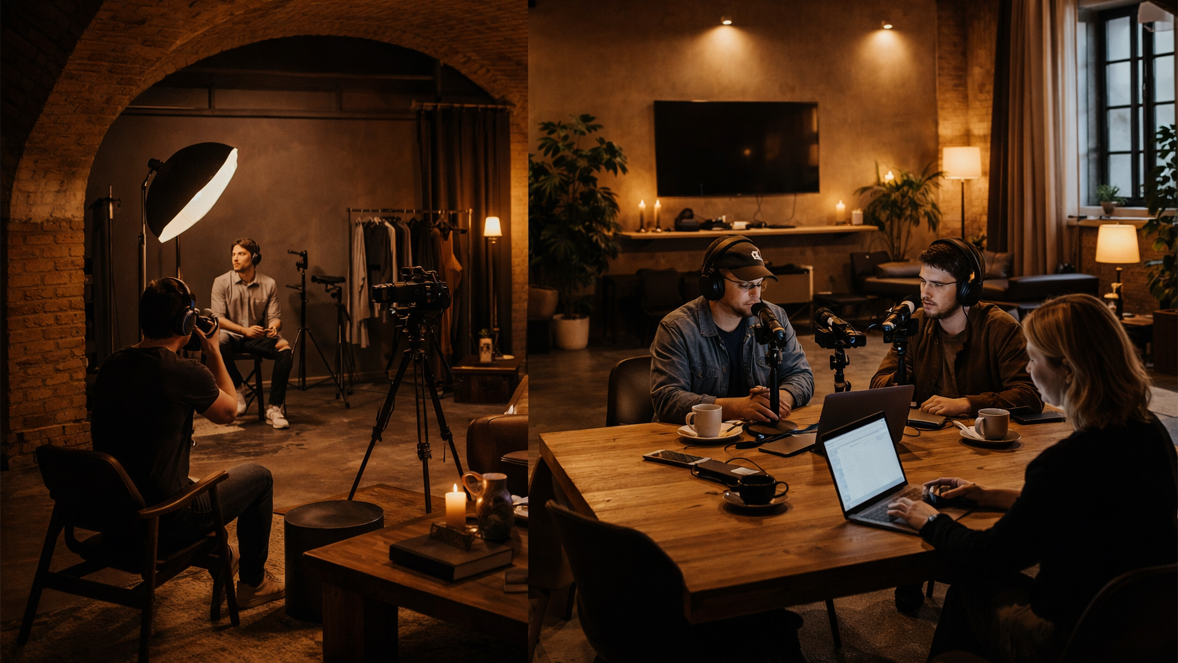 Split image: On the left, a man being filmed in a studio setting with professional lighting, camera, and a clothing rack. On the right, four people in a cozy room with warm lighting, microphones, laptops, and coffee cups, engaged in a discussion or podcast recording.