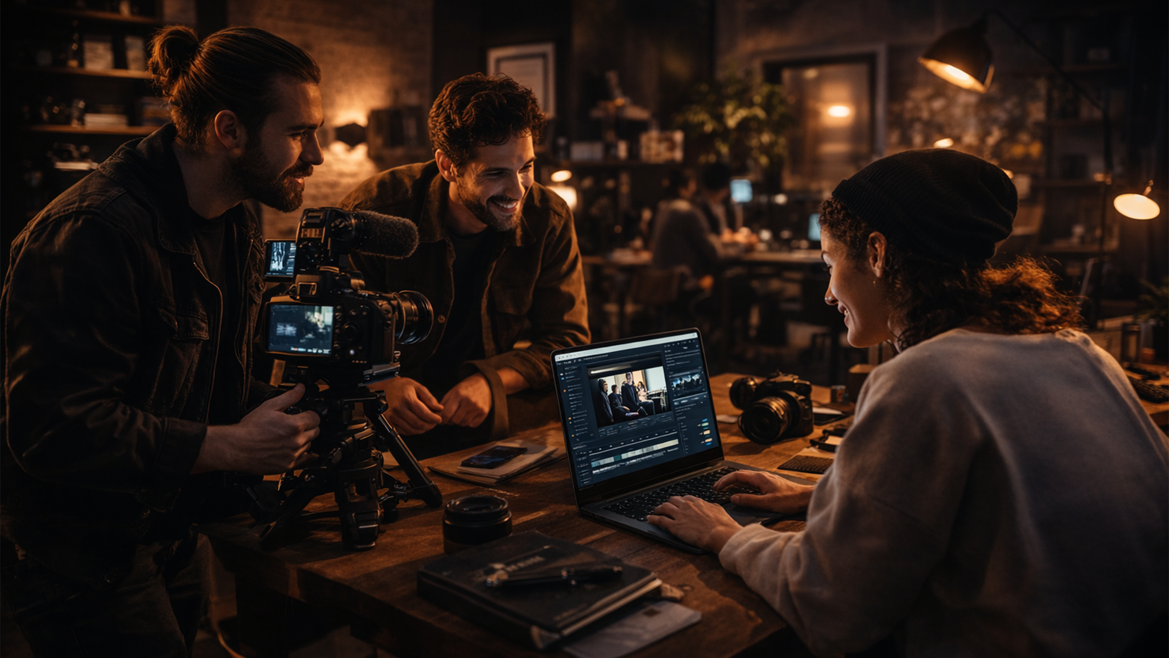 Three people working on a video project in a dimly lit room. One person operates a camera mounted on a tripod, another looks on smiling, and a third woman uses a laptop displaying video editing software. There are various equipment and notebooks on the table.