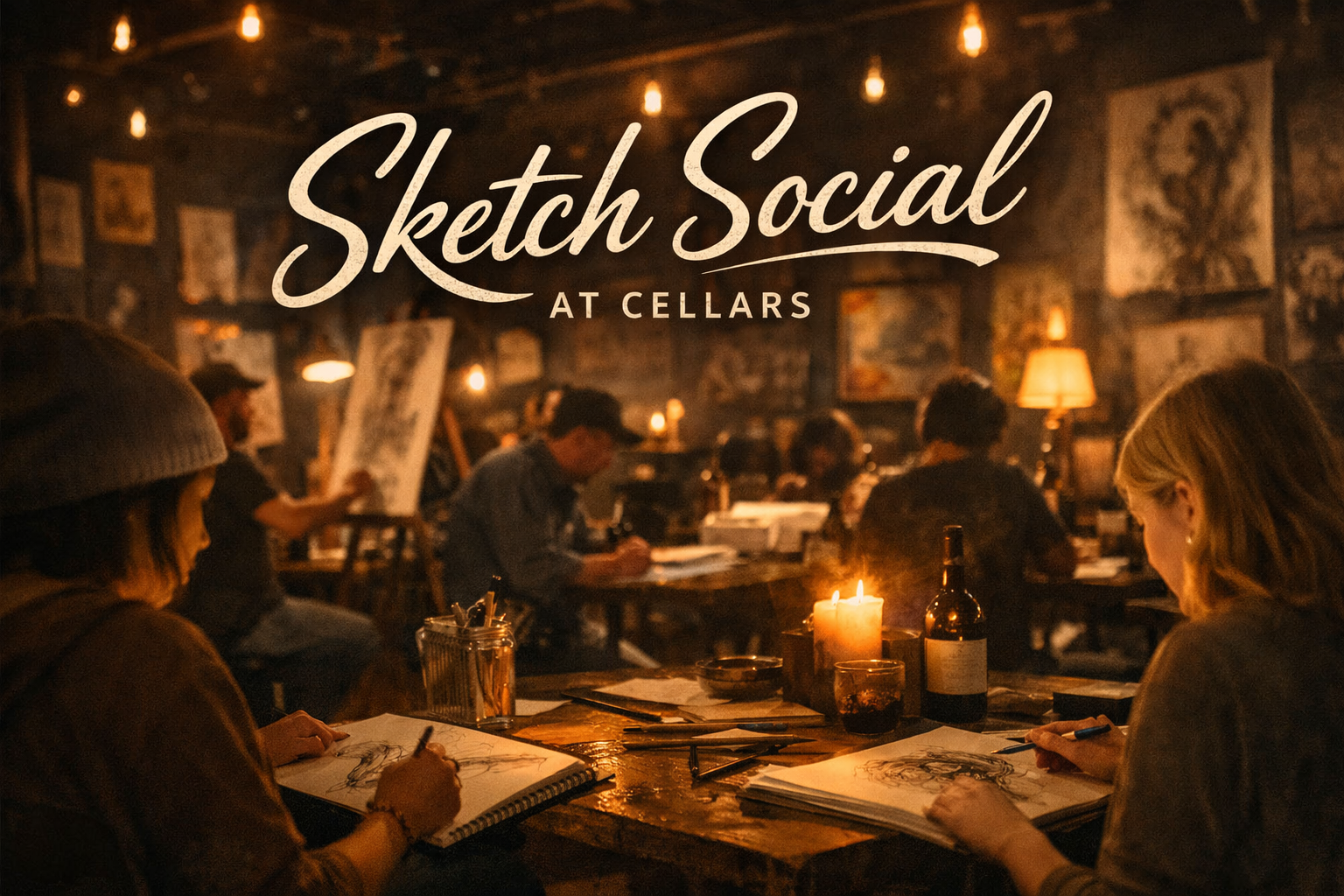 People participating in a sketch social event at Cellars, drawing on sketchpads in a warm, dimly lit art studio or gallery with artworks on the walls and candles on the table.