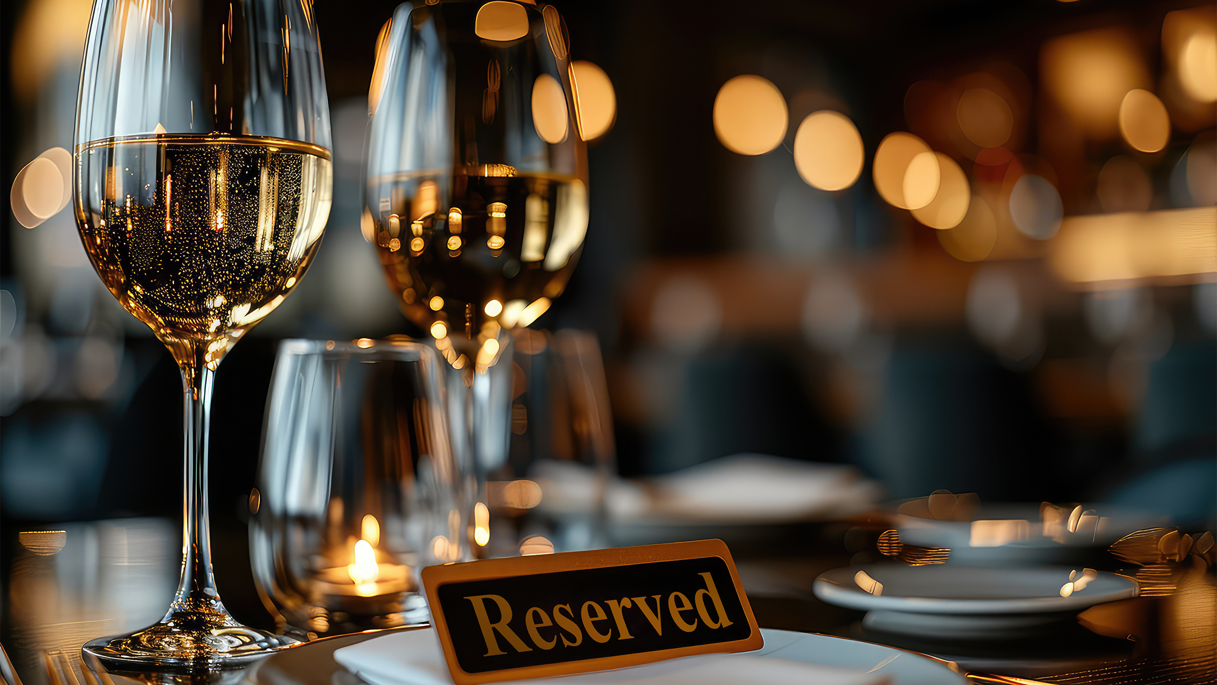 Elegant dining table with two glasses of white wine, reserved sign, and candles in a dimly lit setting with warm bokeh lights in the background.