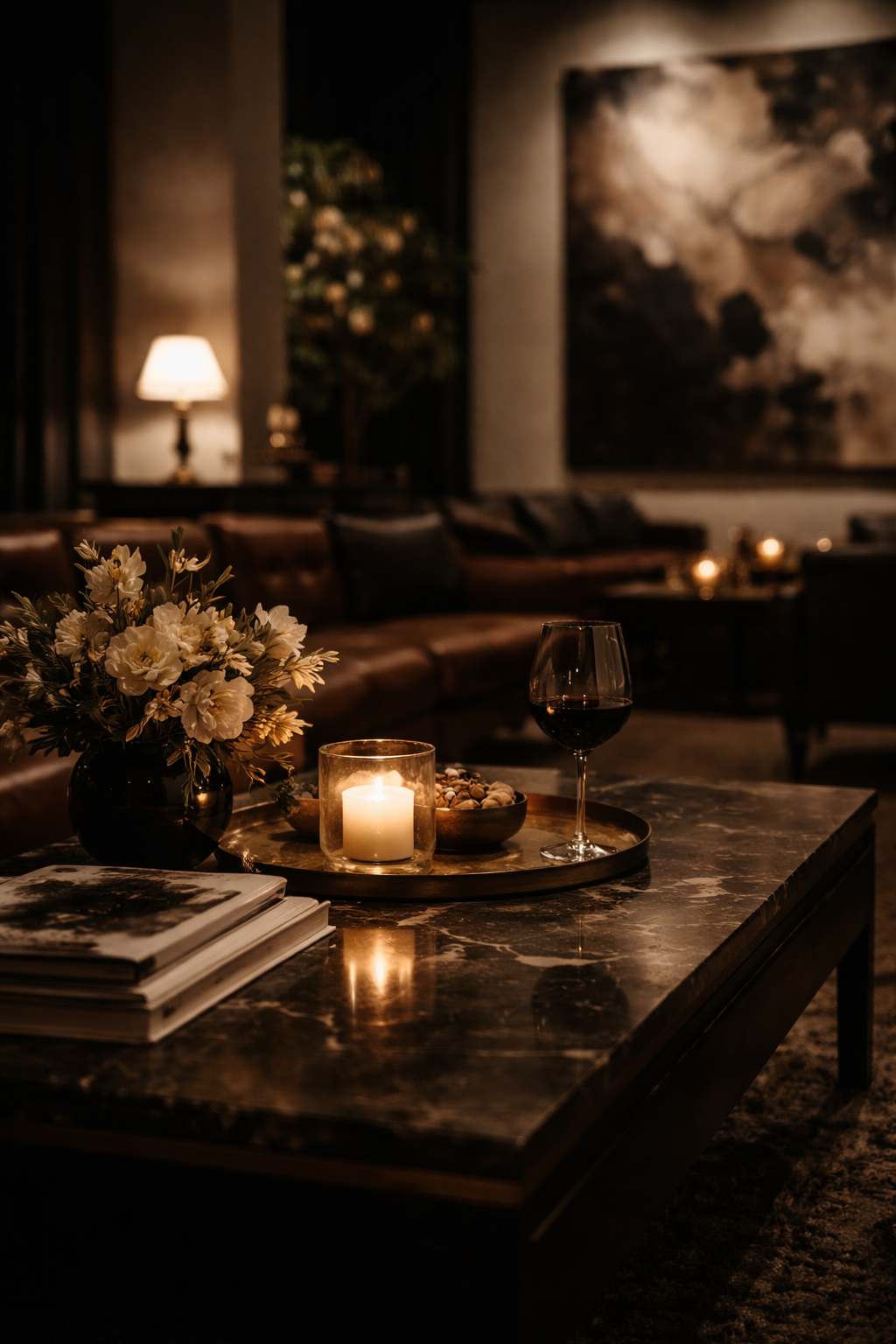 A cozy living room with a marble-top coffee table holding a vase of white flowers, a lit candle, a bowl of nuts, and a glass of red wine, with a sofa, table lamps, and abstract wall art in the background.