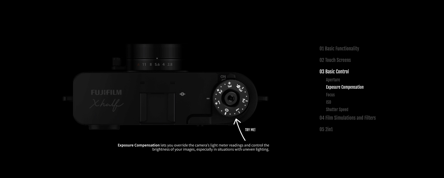 Close-up of a Fujifilm camera top view showing various control dials and settings with a menu on the right listing basic functionality, touch screens, basic control, film simulations, and 2-in-1 options.