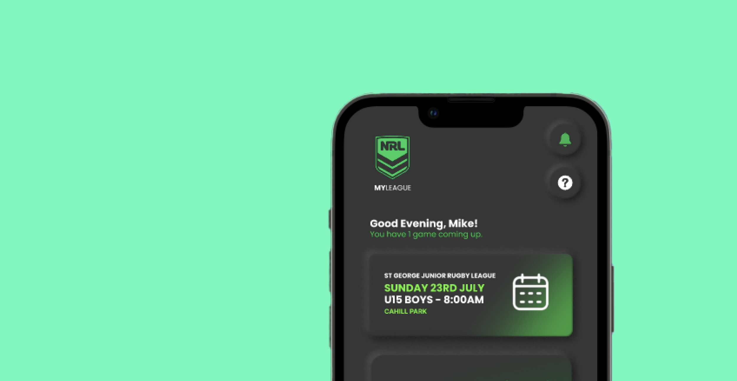 Close-up of a smartphone screen displaying the NRL MyLeague app with upcoming junior rugby league game details, against a green background.