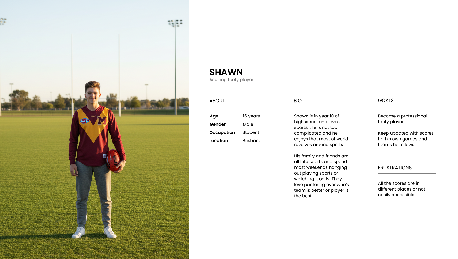 A young male football player stands on a grassy field holding a football, wearing a maroon and yellow jersey with the letter M and the AFL logo. The background shows an open sports field with goal posts, trees, and a clear sky.
