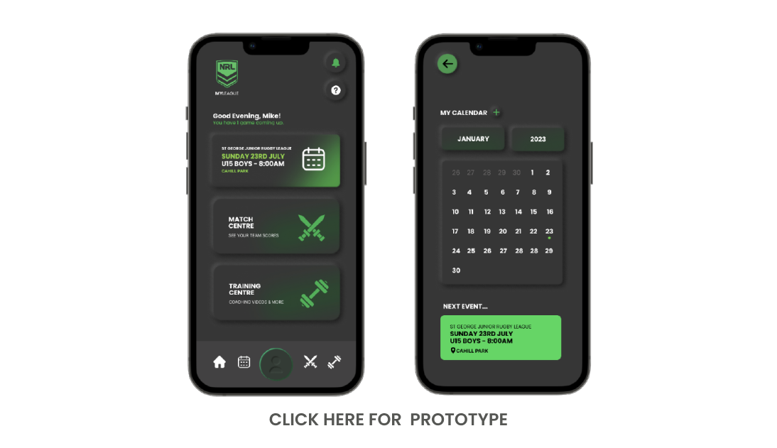 Screenshots of a sports management mobile app showing upcoming game details and calendar for rugby matches, with a dark theme and green highlights.