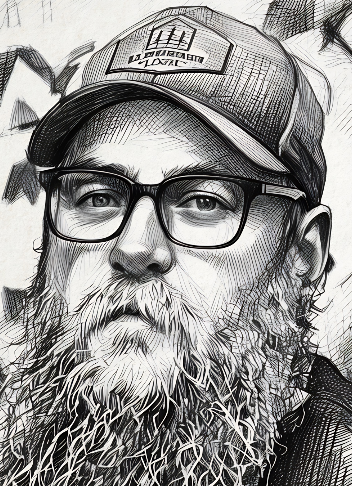 A man with glasses and a beard wearing a cap with a logo, illustrated in a sketch style.