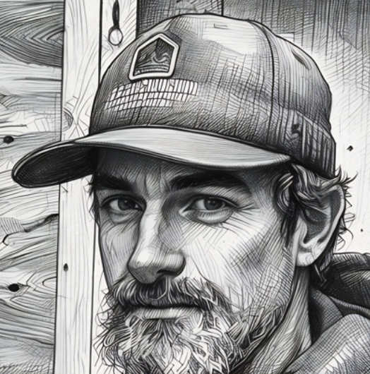 A black-and-white sketch of a man with a beard and mustache wearing a baseball cap.