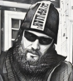 Black and white photo of a man wearing sunglasses, a cap, and a jacket, with a beard and tattoos, standing outdoors in an urban setting.