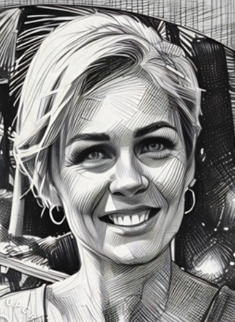 Black and white illustration of a smiling woman with short, blonde hair, wearing earrings.