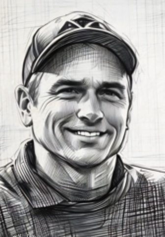 A sketch-style portrait of a man wearing a baseball cap and a collared shirt, smiling at the camera.