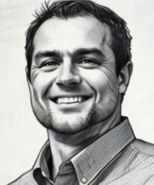 Black and white portrait of a smiling man with short, dark hair, wearing a collared shirt.