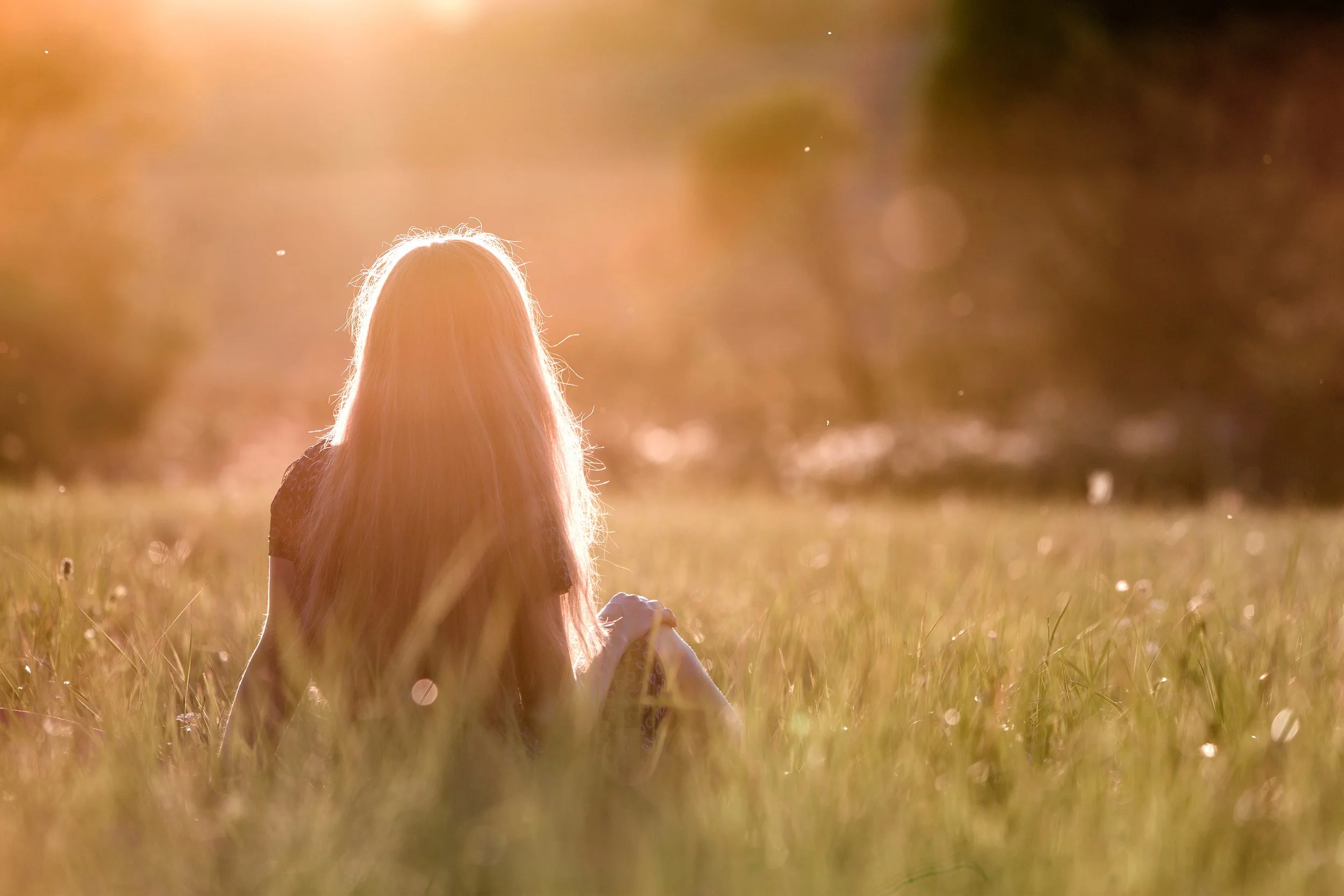 A person with long hair sitting in a field during sunset, viewed from behind, with a warm golden glow surrounding them.