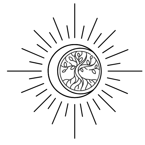 A image of a sun and moon with a circular image in the center featuring a tree with roots and branches designed in a minimalist line art style representing spirituality, faith and divine.