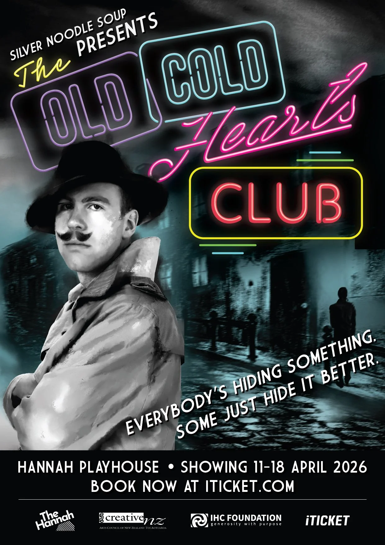 A detective stands with his arms folded; he is wearing a black fedora and a trench coat. He stands on a dimly lit, misty street. At the top, the words "Silver Noodle Soup Presents: The Old Cold Hearts Club" are written in neon.