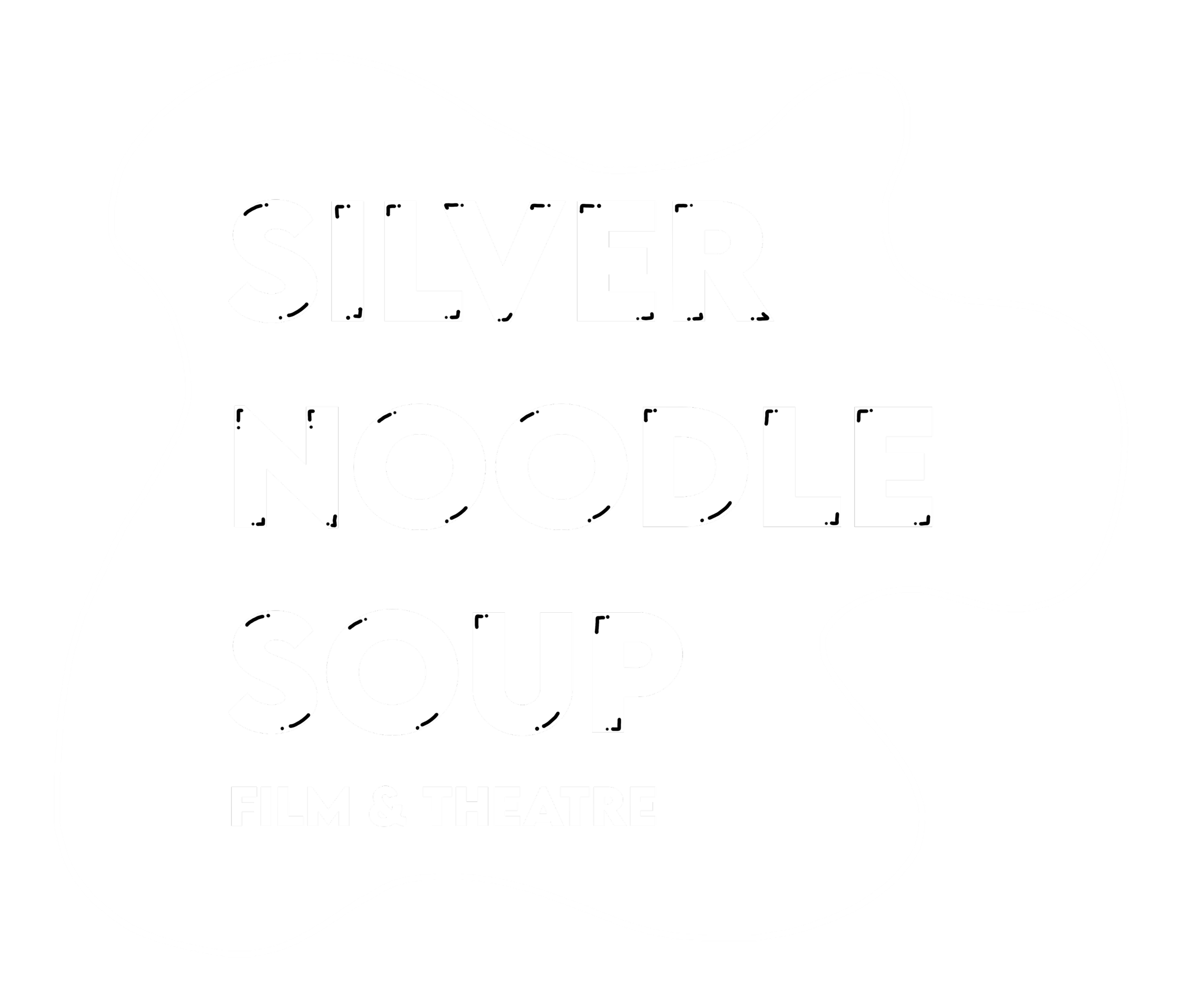 A logo with the words "Silver Noodle Soup Film & Theatre" in white block letters with black highlights. There is a thin white outline around them in a squiggly shape.