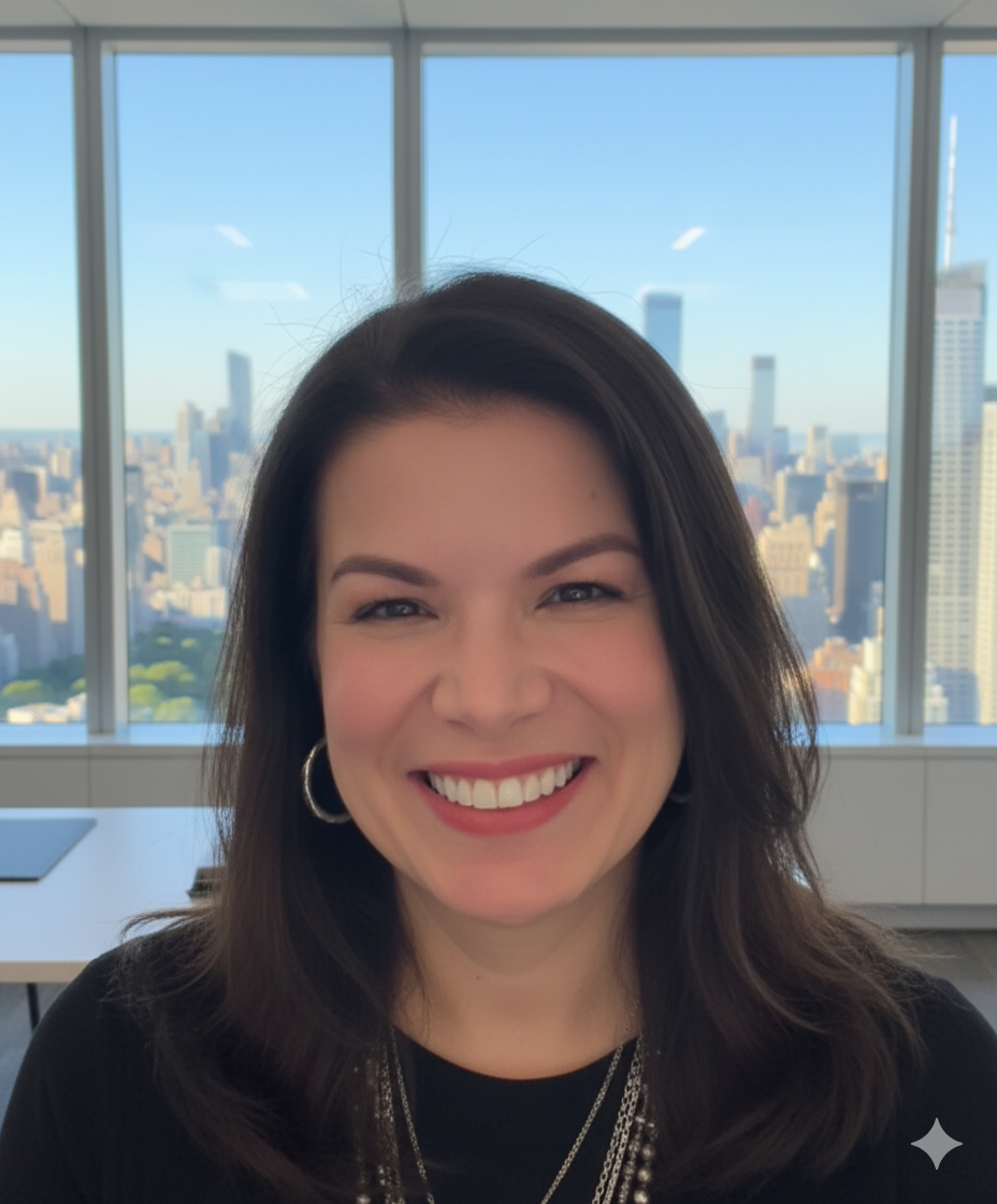 Smiling woman with dark brown hair, earrings, and a necklace, standing in an office with a city skyline view through large windows.