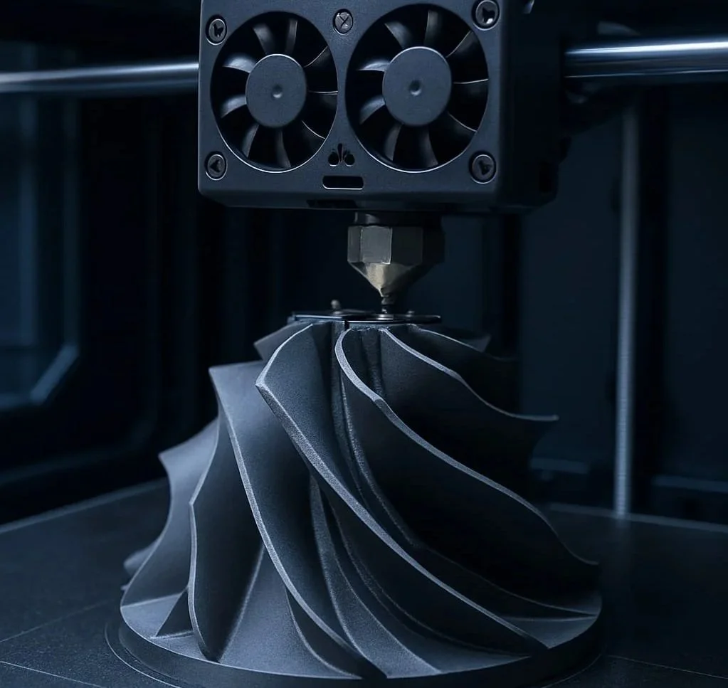 A 3D printer creating a black, spiral-shaped object with a smooth, curving, impeller design.