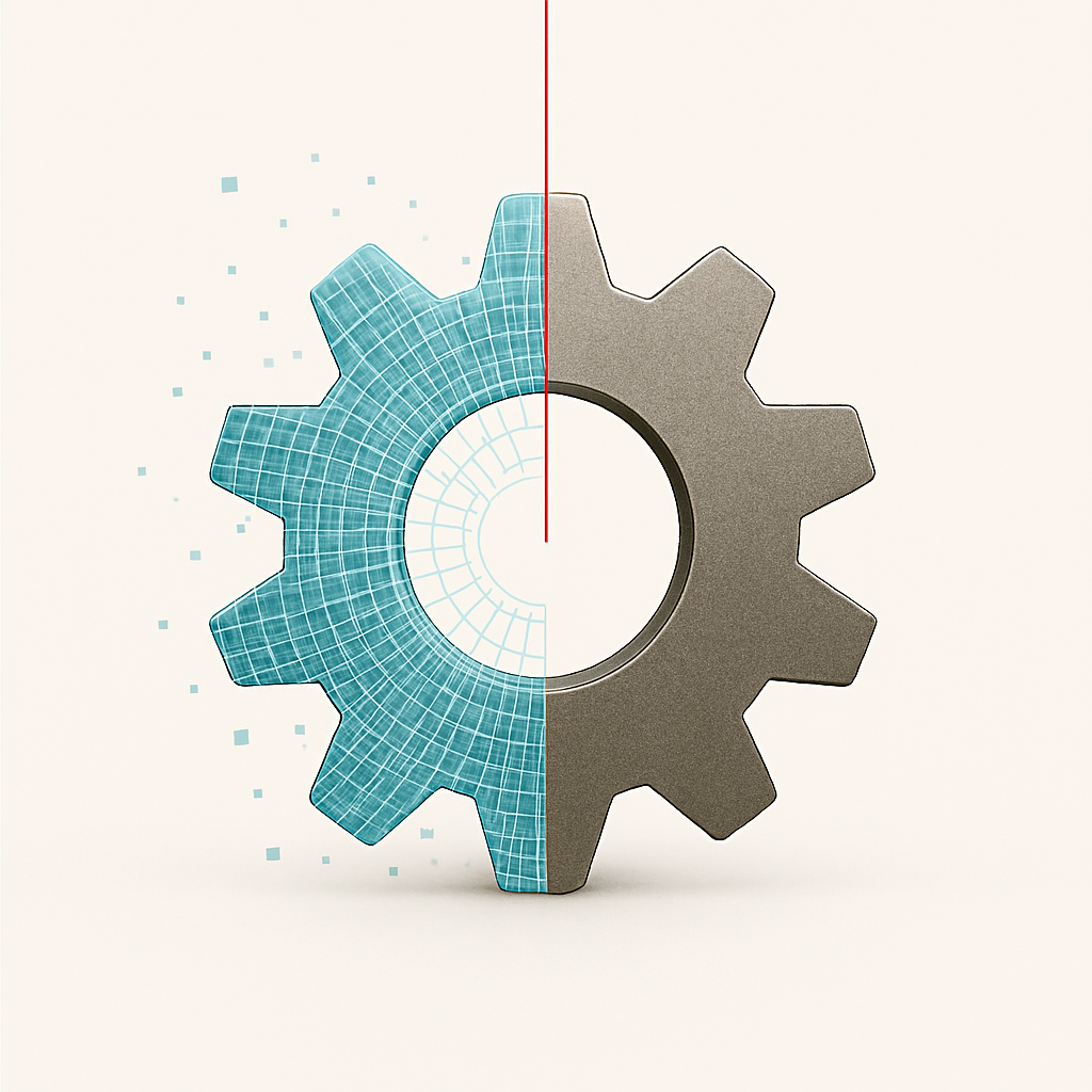 A digital illustration of two interlocking gears, one with a wireframe blue design and the other in solid gray, divided down the center with a red line.