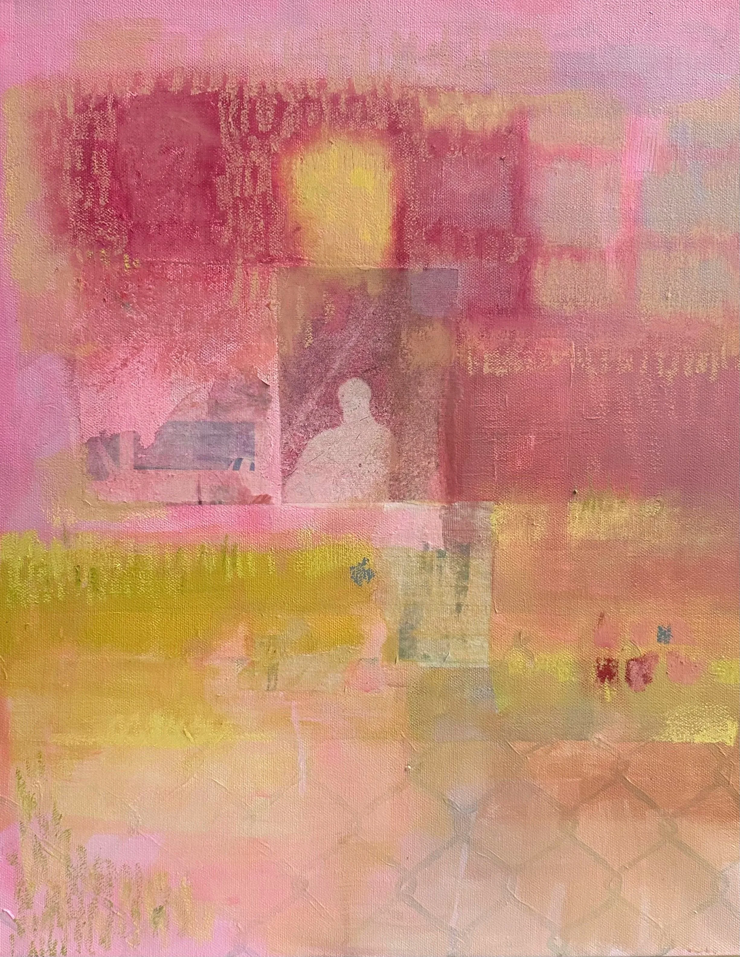 Abstract painting with pastel shades of pink, peach, yellow, and light purple, featuring a faint silhouette of a person at the bottom center.