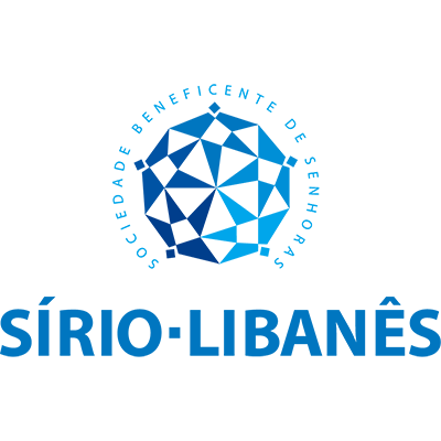 Logotipo da Sociedade Beneficente dos Syri-Libanes com símbolo geométrico azul e nome em destaque.