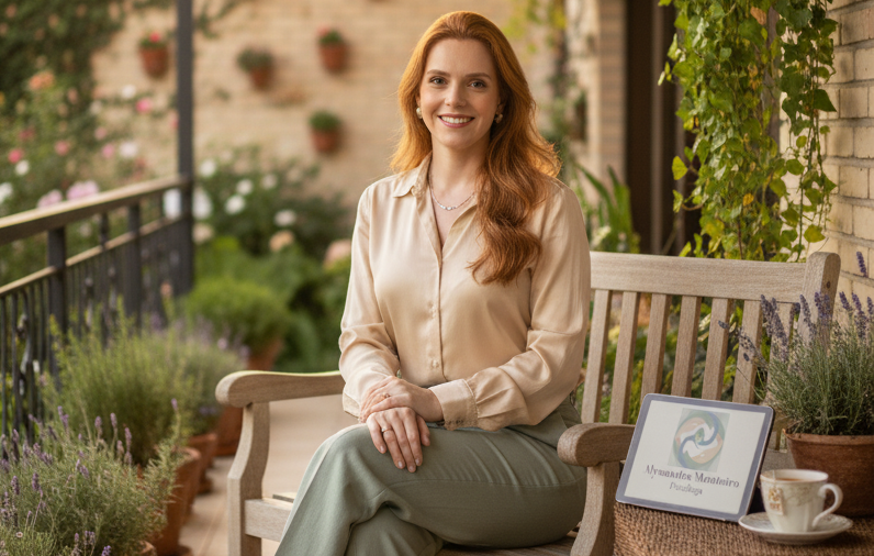 Mulher com cabelo castanho-avermelhado, sorrindo, sentada em um banco de jardim em um ambiente ao ar livre com plantas e flores ao fundo.