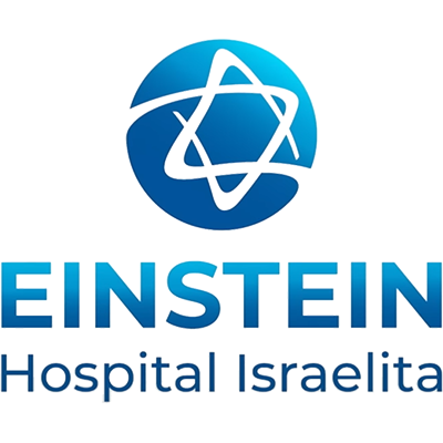 Logotipo do Hospital Israelita Albert Einstein com símbolo de um átomo estilizado e nome do hospital em destaque.