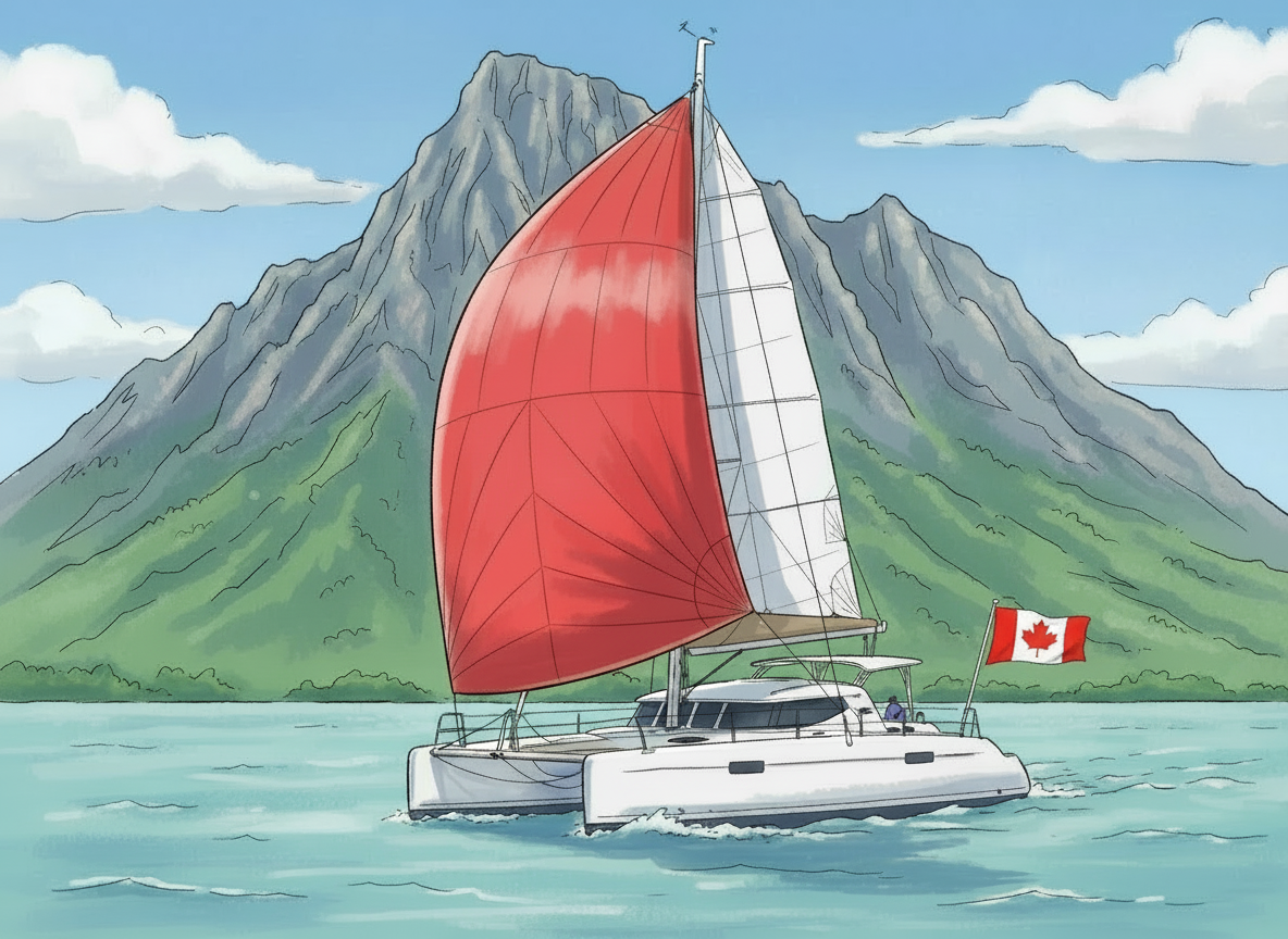 An artist rendering of a catamaran sailboat in front of a mountain.