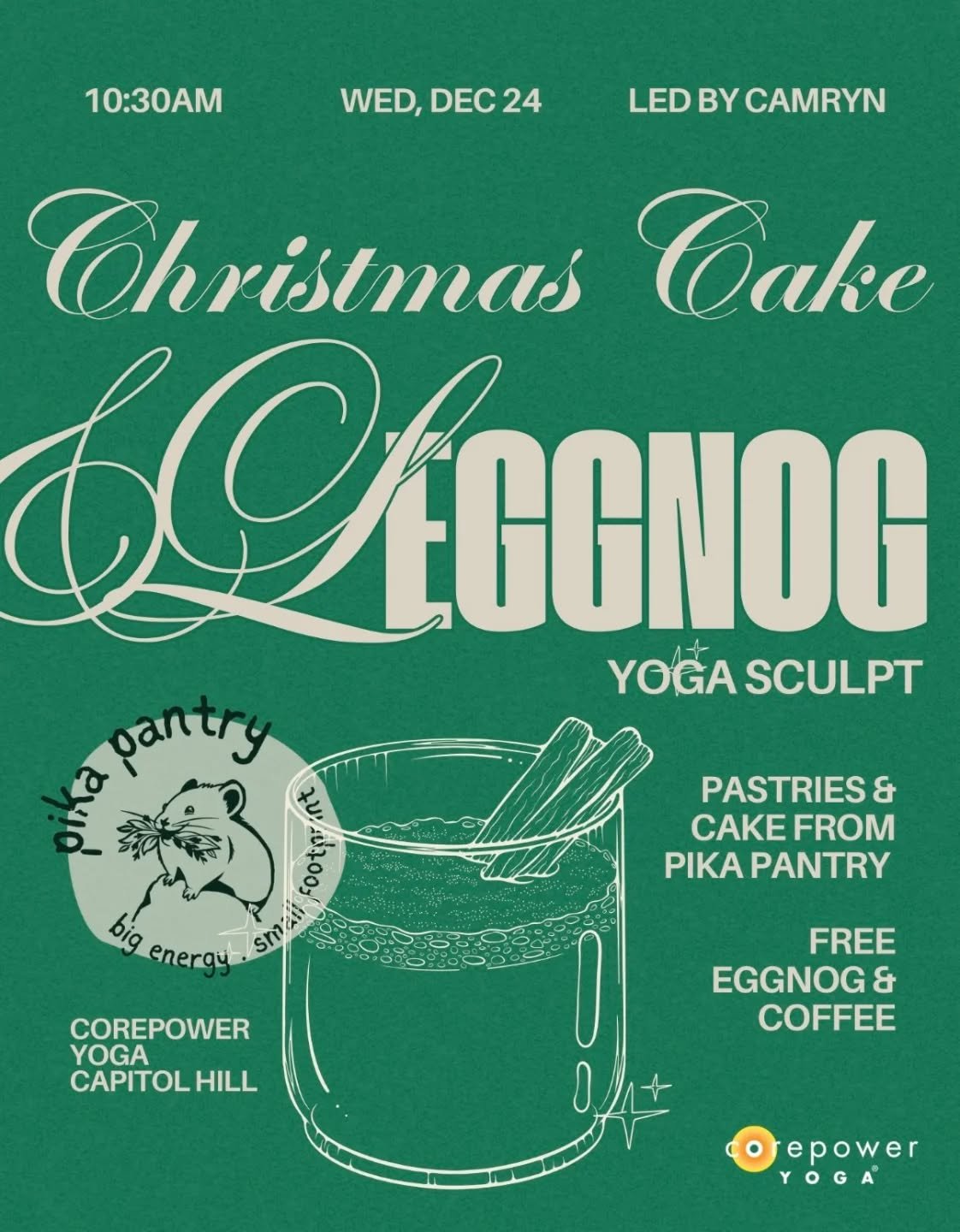 Hey Pika Pantry fans!

Come spend Christmas Eve day with some yoga and vegan treats (cake perhaps? 😏) at @corepoweryoga Capitol Hill!

We'll have the standard snacks you love, plus a surprise new treat only available for the holidays. Free egg nog a
