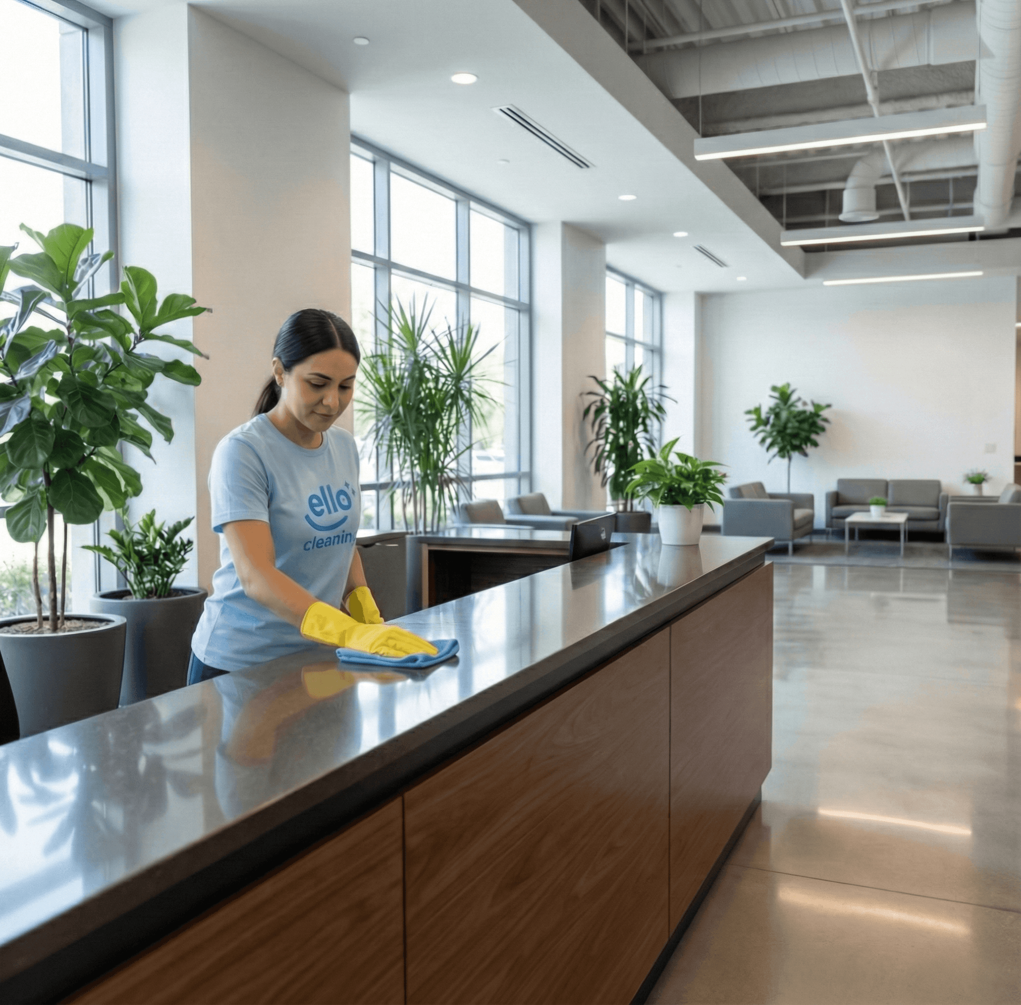 Detailed commercial cleaning service in Surrey, BC, by Ello Cleaning, including floors, desks, and high-touch areas for a safe office environment.