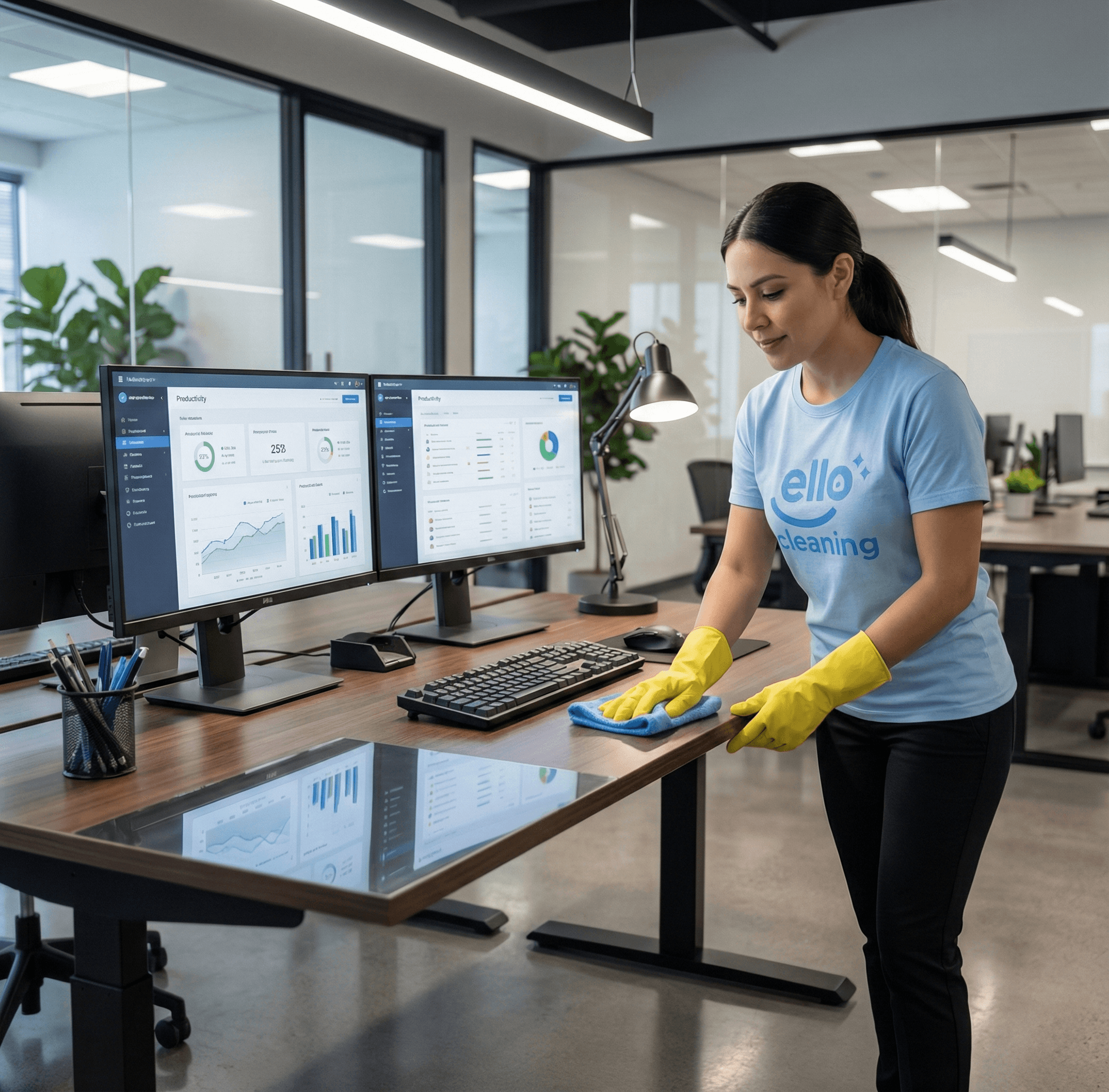 Ello Cleaning staff performing office and commercial cleaning service in Burnaby, BC, focusing on disinfecting workstations, common areas, and restrooms.