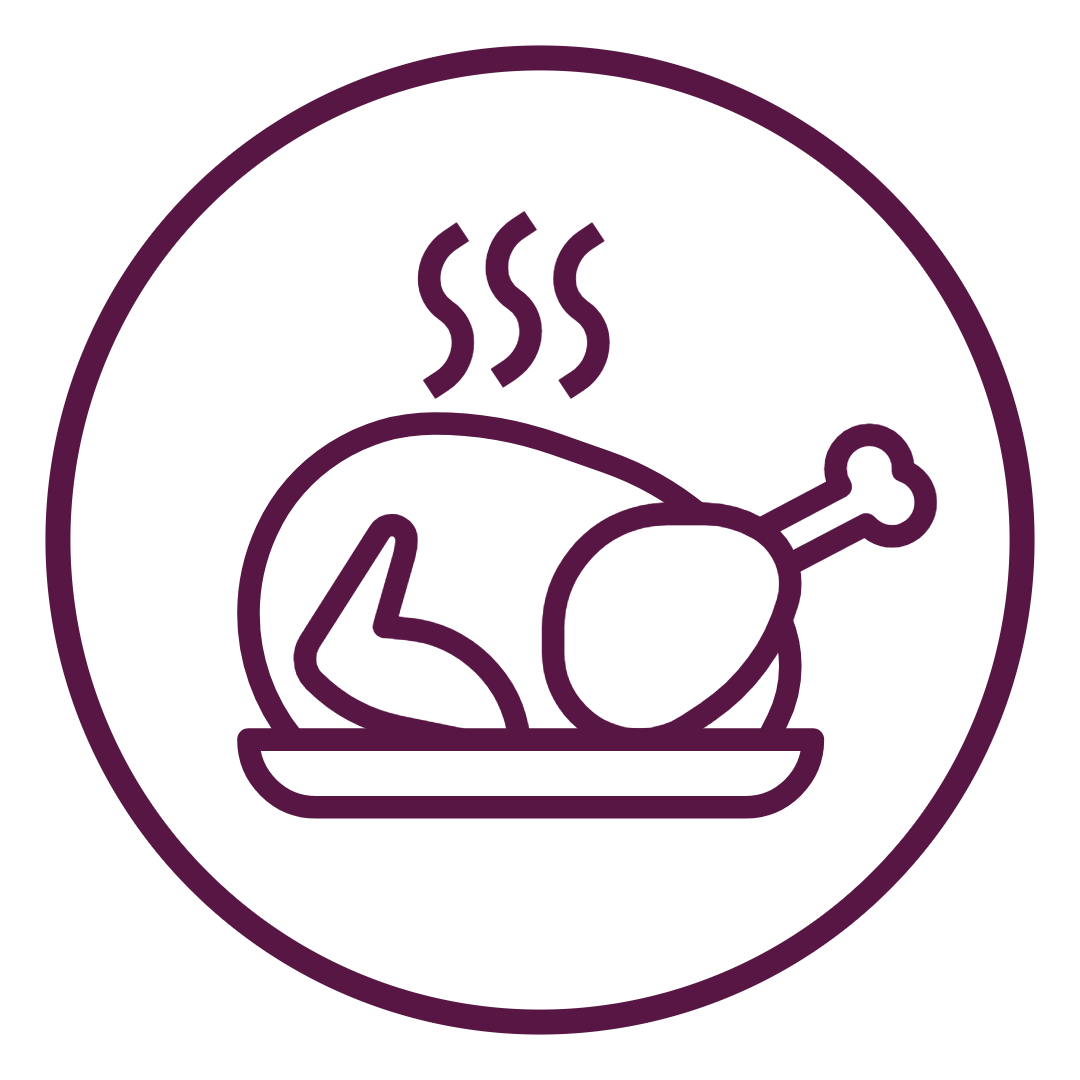 A purple outline icon of a cooked chicken or turkey with steam lines above it, on a black background.