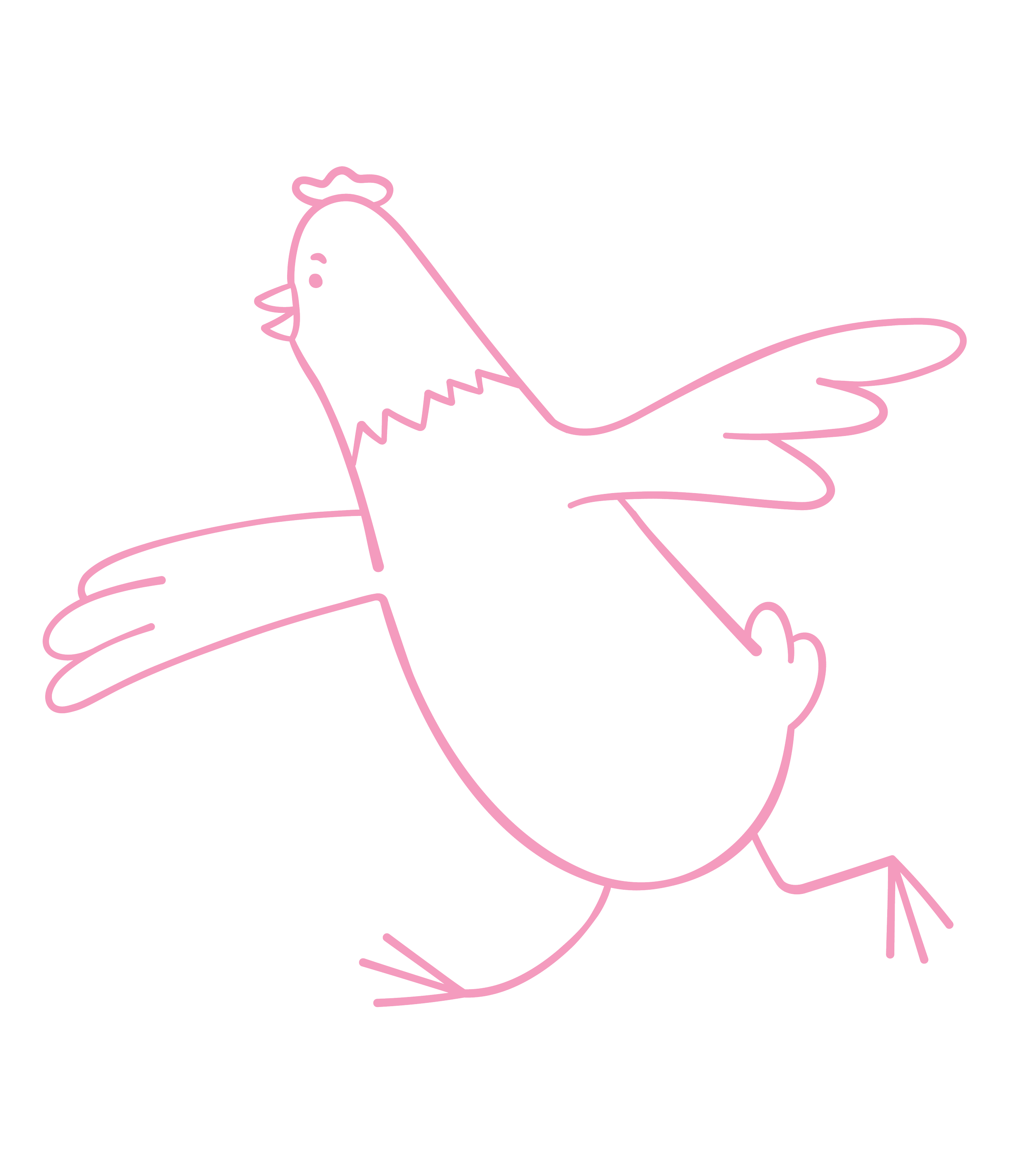 Neon outline of a chicken with its wings spread, drawn with pink lines on a black background.