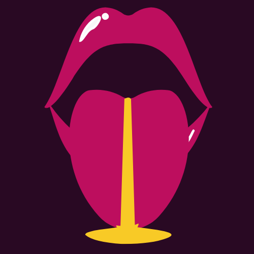 Illustration of open mouth with extended tongue, dripping yellow liquid, set against a dark background.