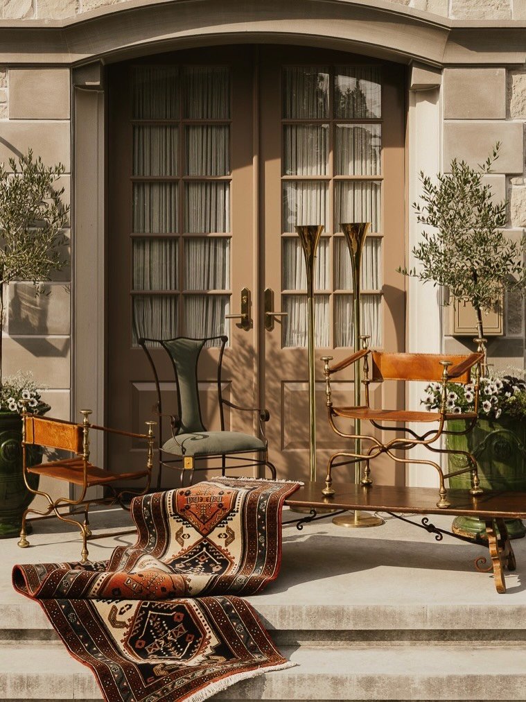 vol. II is live! 🤎 
visit the link in bio. 

wrought iron dining chairs (set of four)

iron and wood coffee table

hand-knotted perisan runner

mcm italian savonarola chairs

mcm fluted brass floor lamps