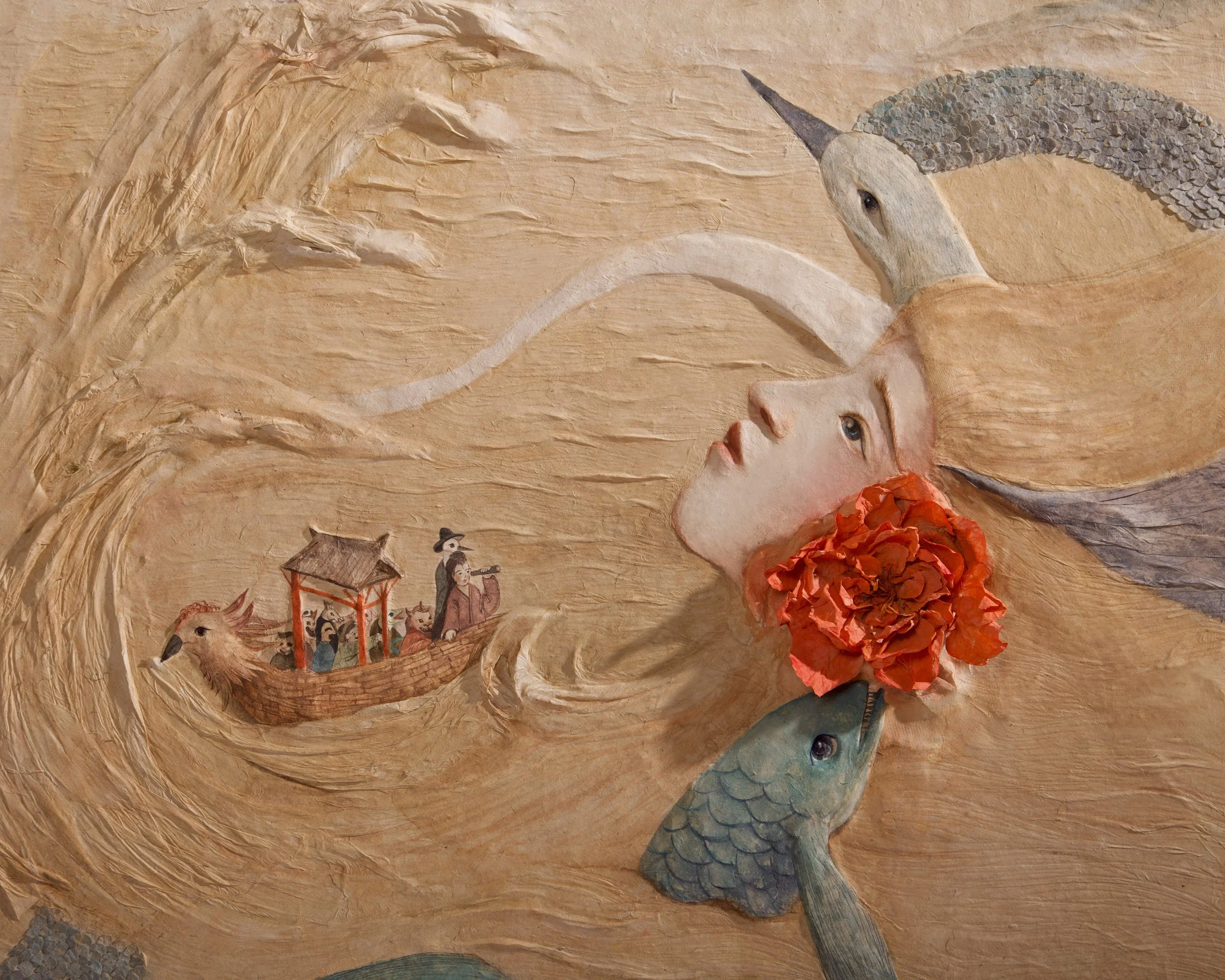 A mixed media artwork featuring a human face with a large red flower and a fish integrated into the design, with a small traditional boat carrying people in the background, all set against a textured, natural-colored background.
