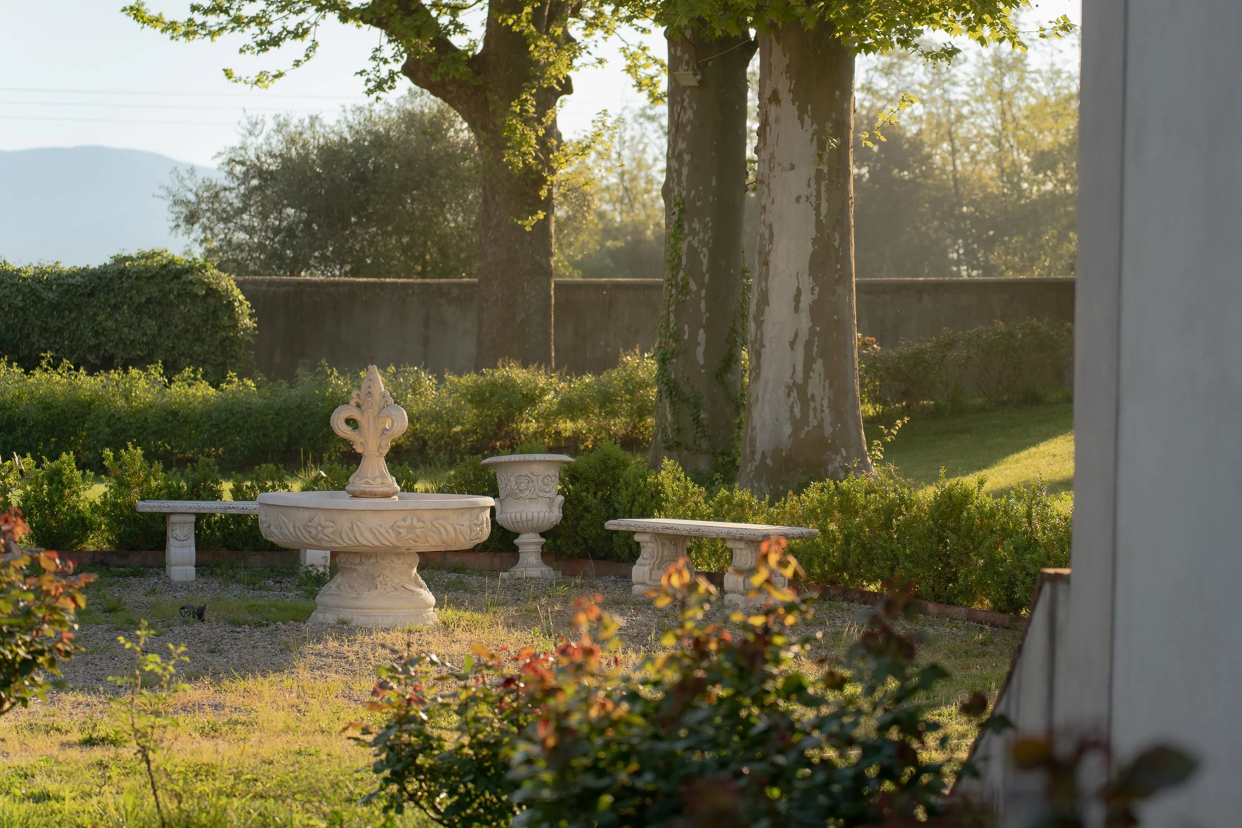 Sunlit garden scene with ornate stone benches, a decorative stone water fountain, large trees, and shrubbery, viewed from a partially open door.