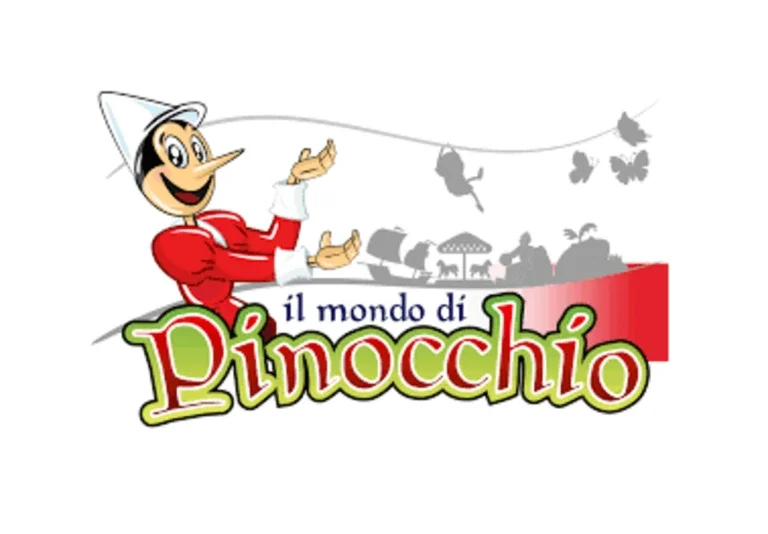 Pinocchio character smiling and pointing to a world map above the logo 'Il mondo di Pinocchio' in colorful text.