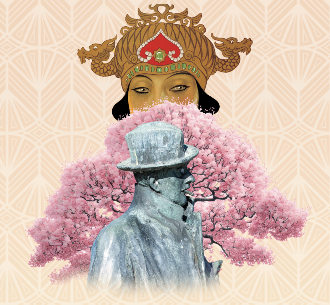 A creative collage combining a traditional Asian queen or goddess with a modern street art style. The queen has a golden headpiece with dragon motifs, and her eyes are visible above a large pink cherry blossom tree and a graffiti-style statue of a man with a hat and cigarette.