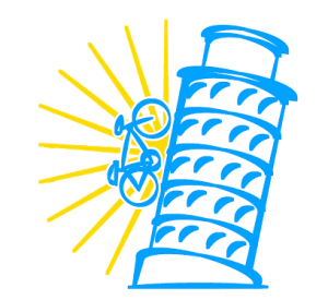 Stylized illustration of the Leaning Tower of Pisa with yellow rays behind it, framed by a chain.