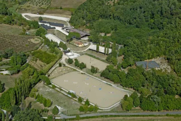 Aerial view of a countryside with a large horse riding arena, multiple greenhouses or barn structures, and surrounding lush greenery.