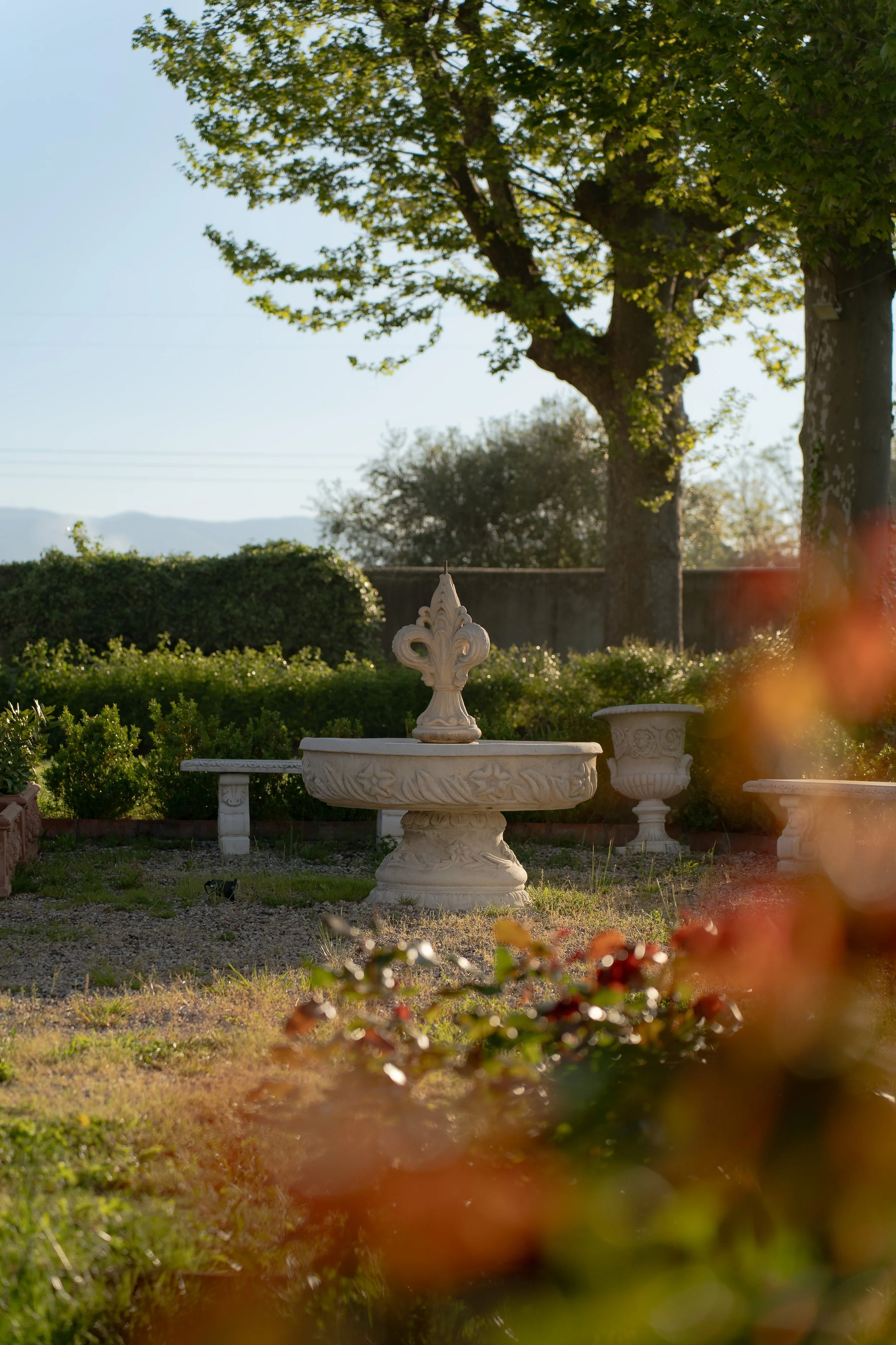 A decorative garden fountain with ornate carvings, surrounded by greenery, trees, and large planters in the background, illuminated by warm sunlight.