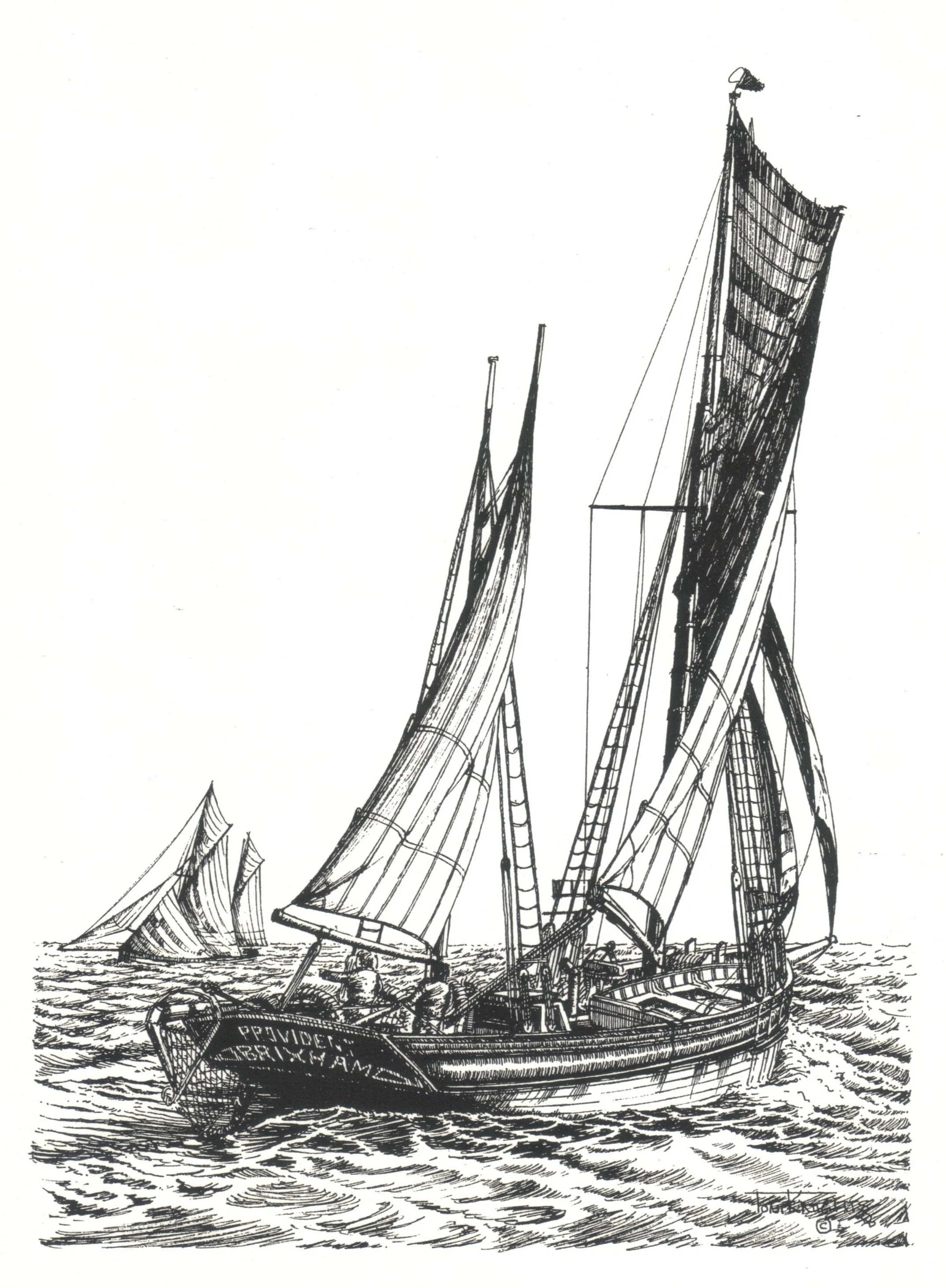 Black and white sketch of a sailing ship on the water with partially furled sails and a smaller sailboat in the background.