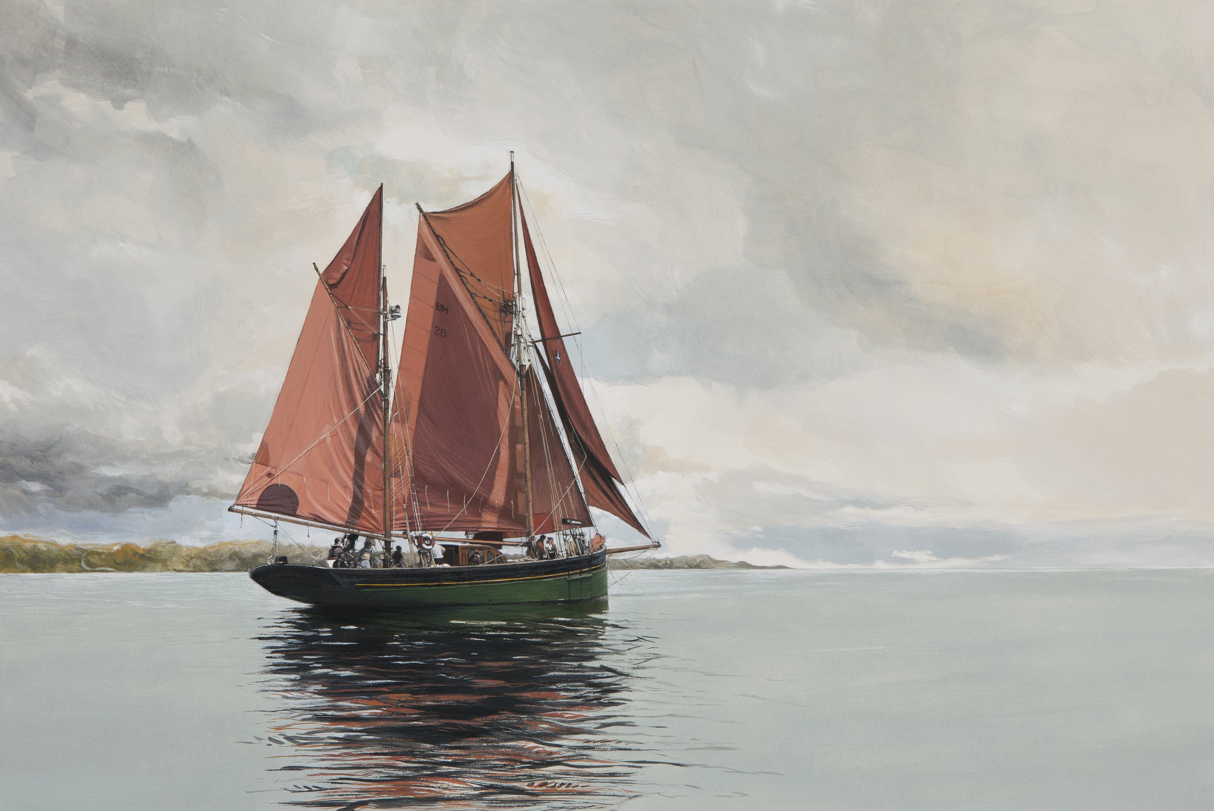 Provident with red sails on calm water under cloudy sky.