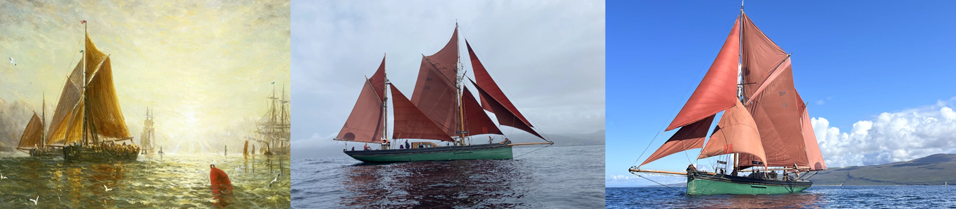 Three images of sailing ships. The first is a historic painting of ships with yellow sails; the second is a modern photo of a ship with red sails on water; the third is a similar modern photo of a ship with red sails on water under a partly cloudy sky.