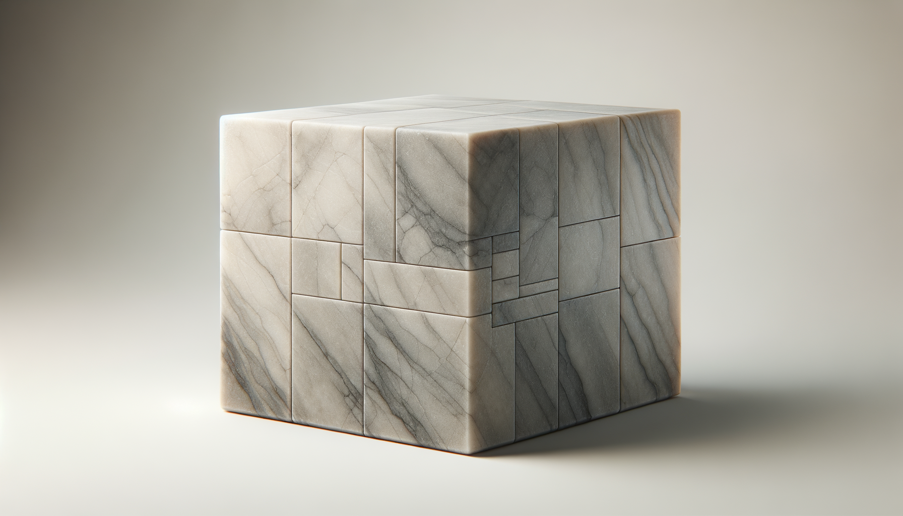 A cube made of marble with a geometric pattern on its sides, placed on a neutral background.