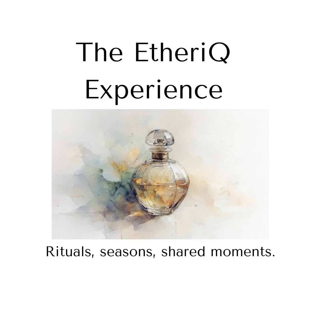 Book cover titled "The EtheriQ Experience" with a watercolor-style illustration of a perfume bottle and a subtitle "Rituals, seasons, shared moments."