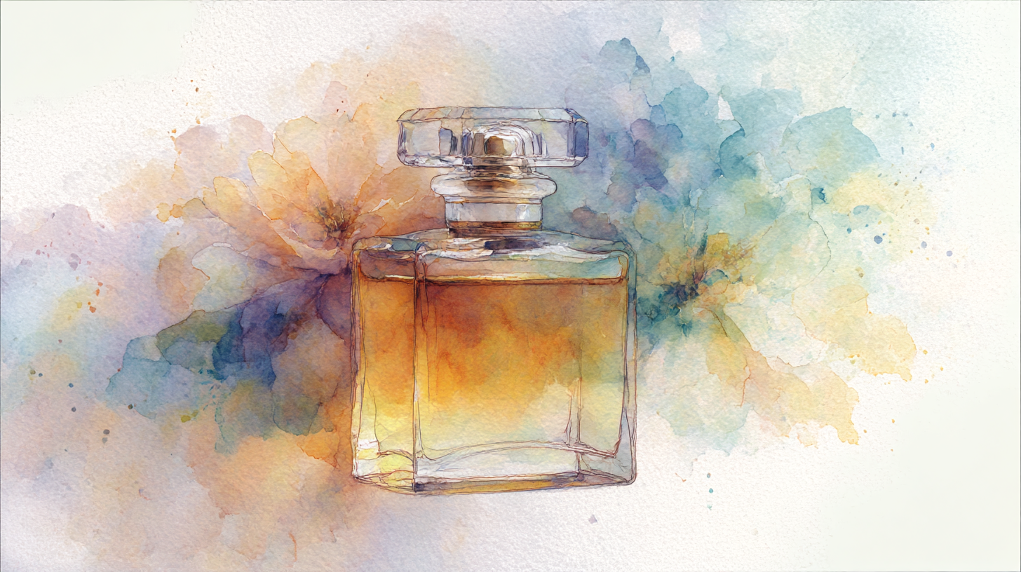 Watercolor painting of a perfume bottle with a flower in the background.