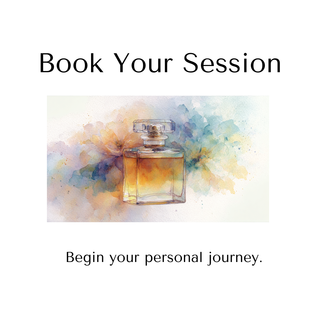 Book cover titled "Book Your Session" featuring a watercolor illustration of a perfume bottle with colorful background splashes, and the subtitle "Begin your personal journey."