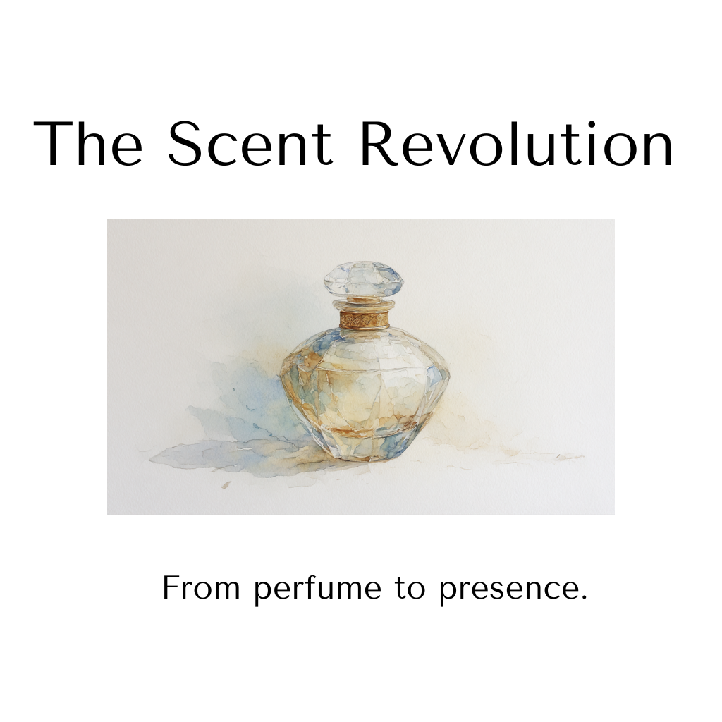 Book cover titled "The Scent Revolution" with a watercolor illustration of a perfume bottle and the subtitle "From perfume to presence."